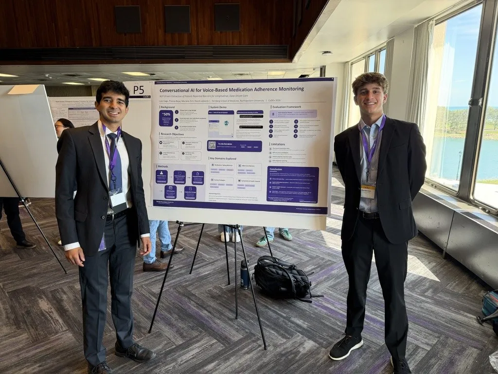 Maclane Zich and a collaborator beside their conversational AI medication adherence poster at Northwestern CODEX 2026